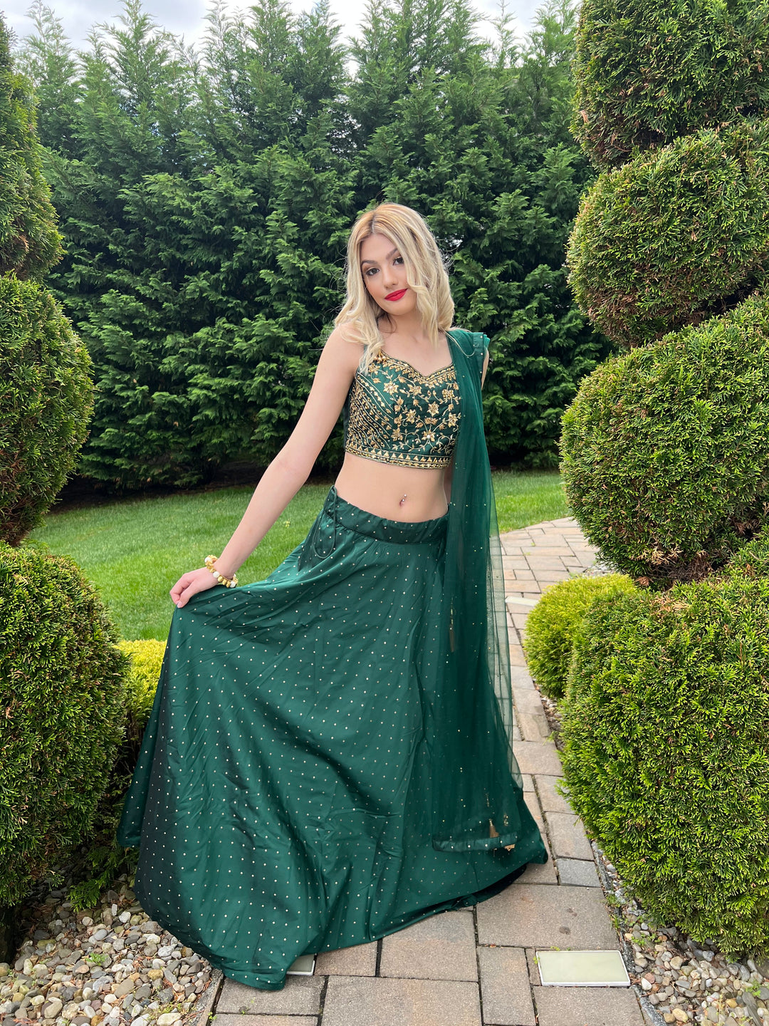 Forest Green Lehenga Choli with Gold Embroidery - Rent