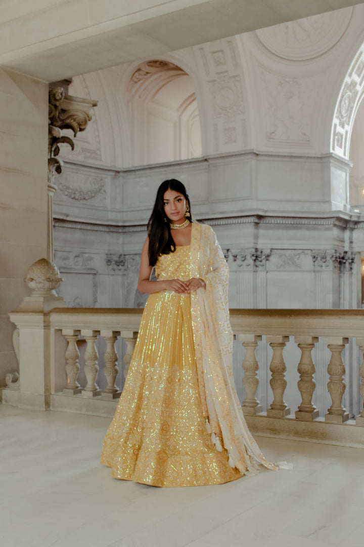 Elegant yellow Colored Embroidered Lehenga In Georgette Fabric - Rent