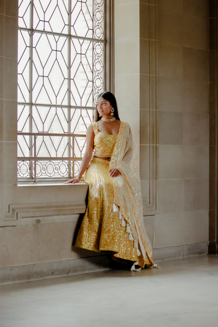 Elegant yellow Colored Embroidered Lehenga In Georgette Fabric - Rent