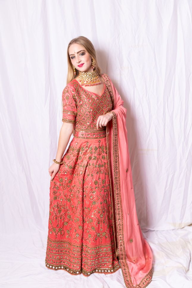 Raw silk heavy bridal Orange Color Silk Zari Lehenga - Clearance