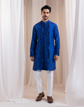Inle Shadow Blue Kurta Pant Set Serene Pond-Inspired Design with Elegant Shell-Pattern Embroidery