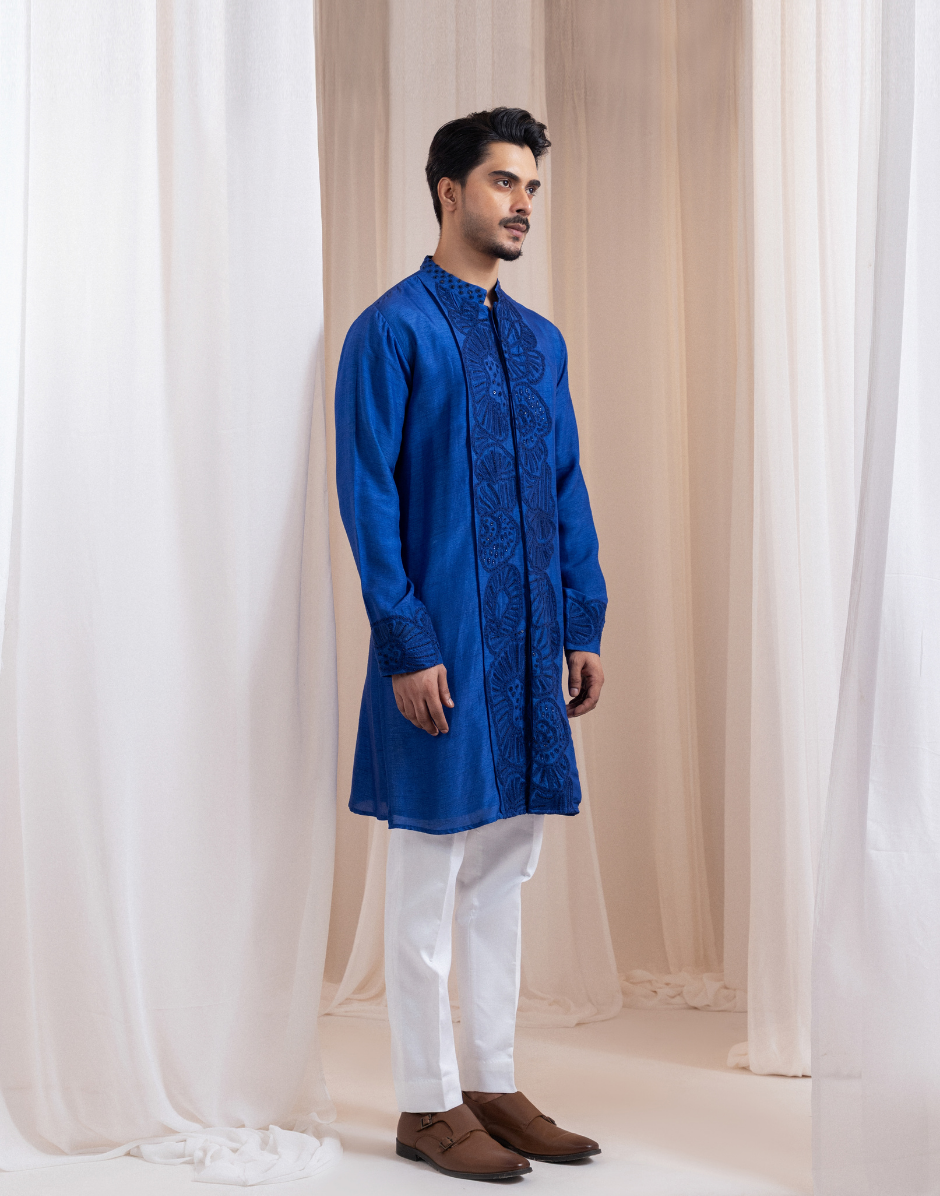 Inle Shadow Blue Kurta Pant Set Serene Pond-Inspired Design with Elegant Shell-Pattern Embroidery_3
