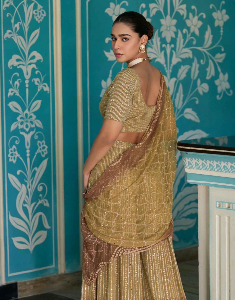 Intricate Embroidered Pista Green Georgette Palazzo with Matching Blouse & Dupatta - Buy