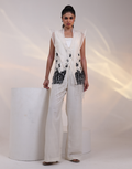 Ivory Co-Ord Set with Bustier, Structured Jacket with Black Sequin & Fringe with Wide-Leg Trousers