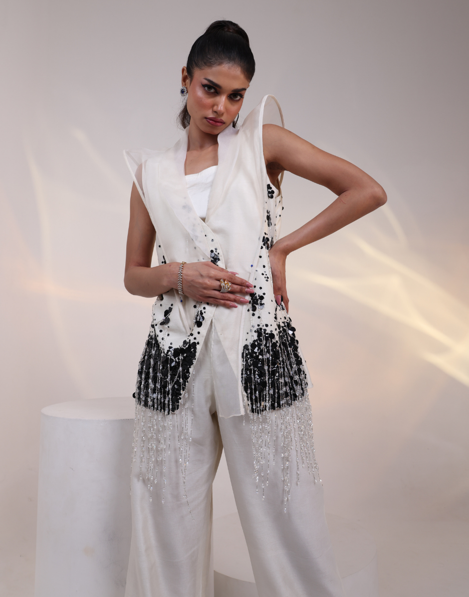 Ivory Co-Ord Set with Bustier, Structured Jacket with Black Sequin & Fringe with Wide-Leg Trousers_2