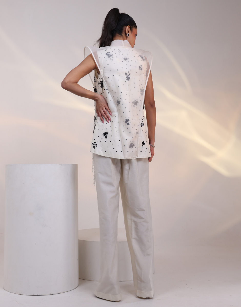 Ivory Co-Ord Set with Bustier, Structured Jacket with Black Sequin & Fringe with Wide-Leg Trousers