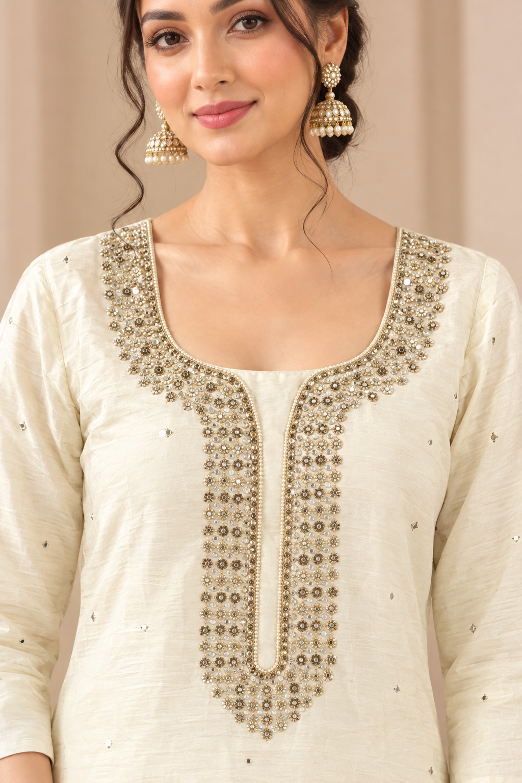 Ivory Kurta Set with Floral Dupatta for Guest  - RENT