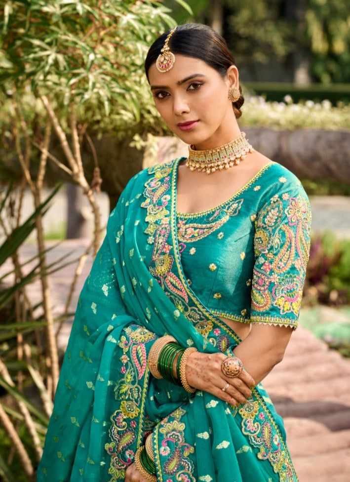 Ivory Green Banarasi Silk Lehenga- Rent