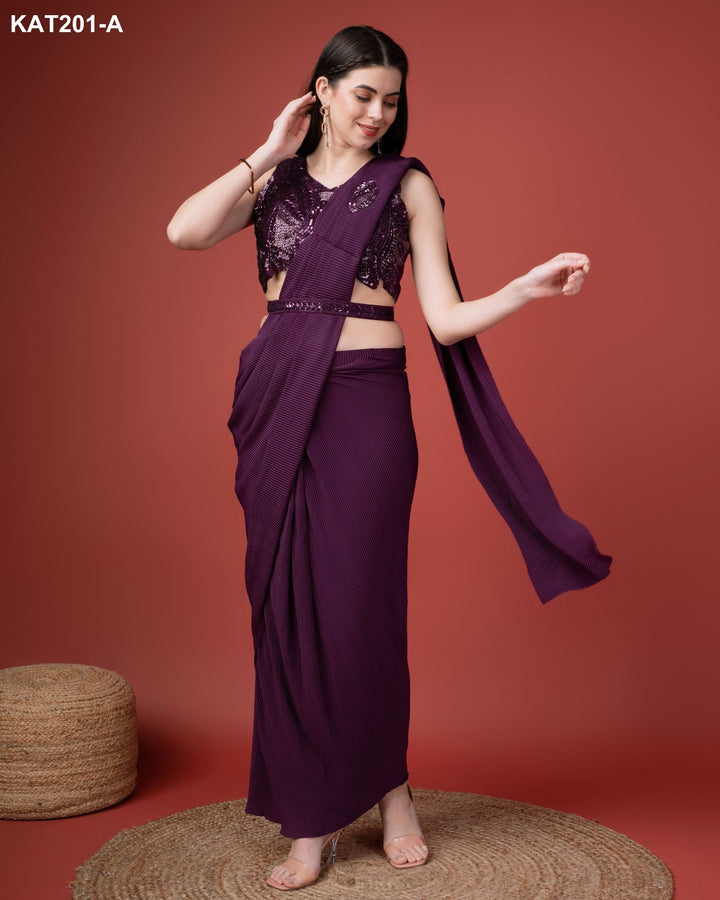 Ready to wear Purple Saree with heavy embroidered work