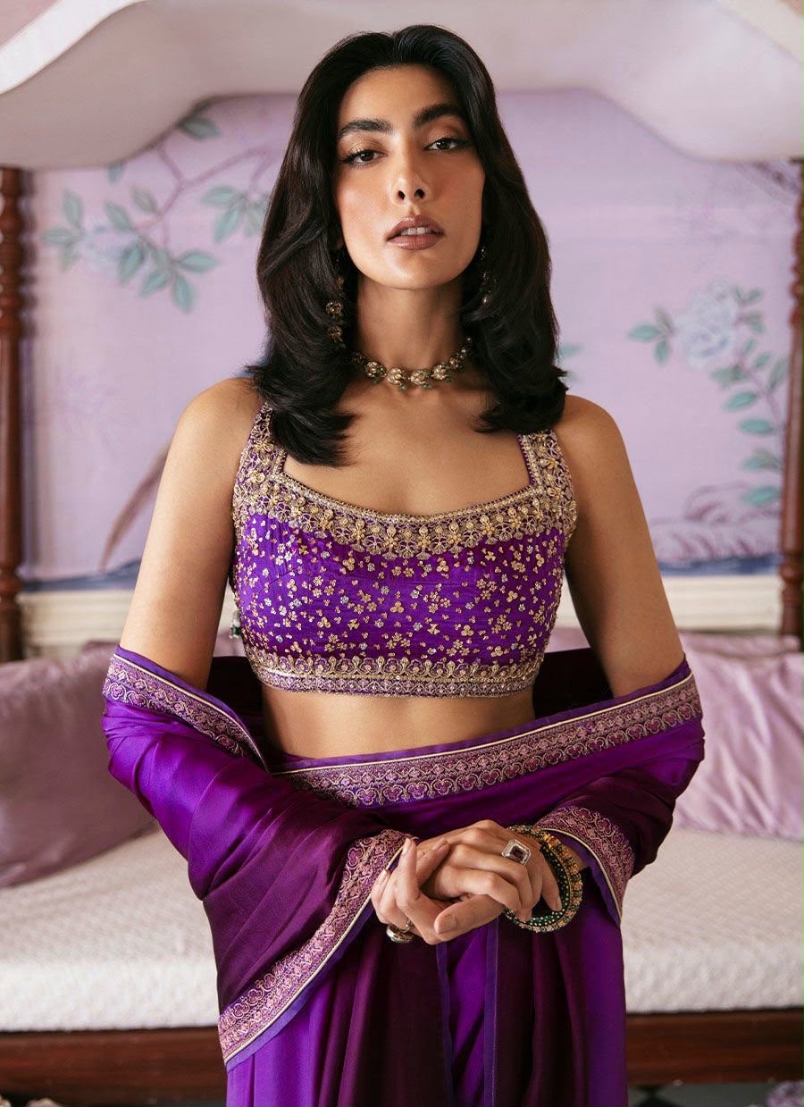 Purple Heavy Japan Satin Silk Saree for Guest - RENT