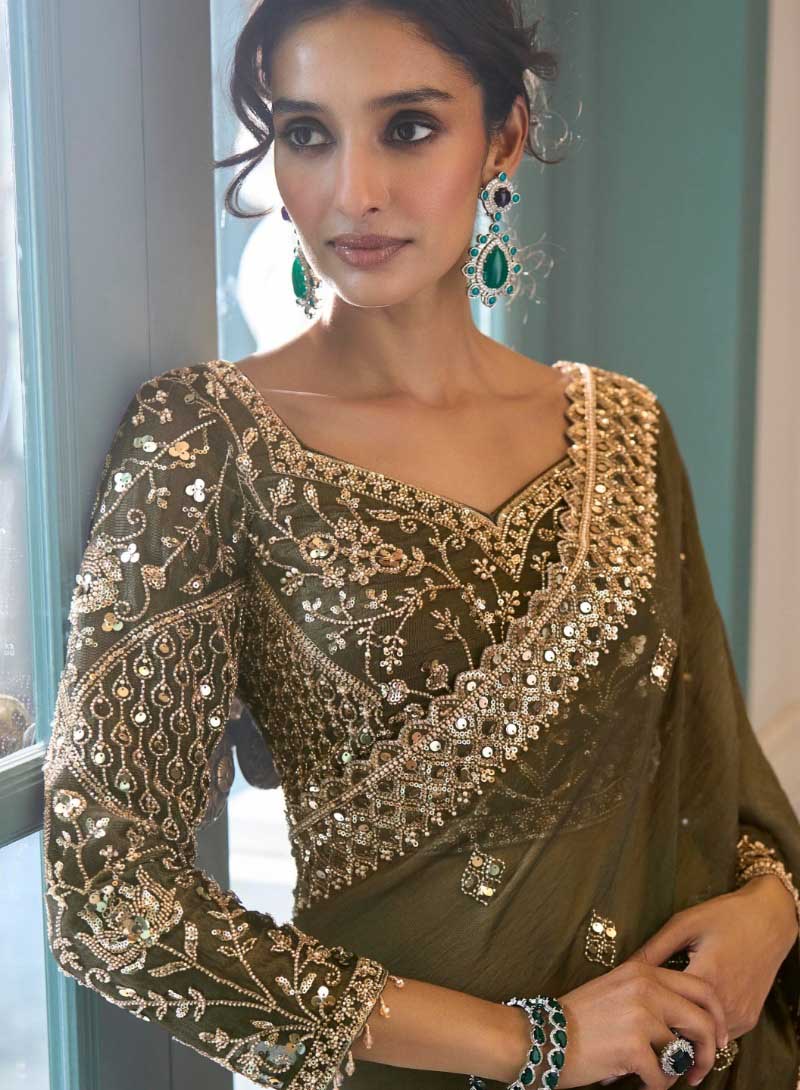 Olive Green Designer Embroidered Saree for Reception - RENT