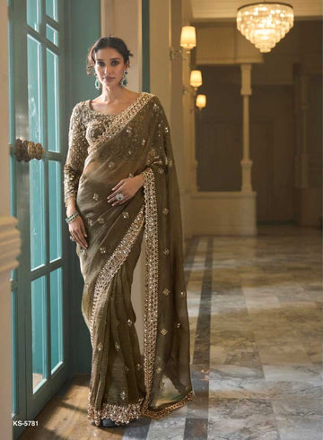 Olive Green Designer Embroidered Saree for Reception - RENT