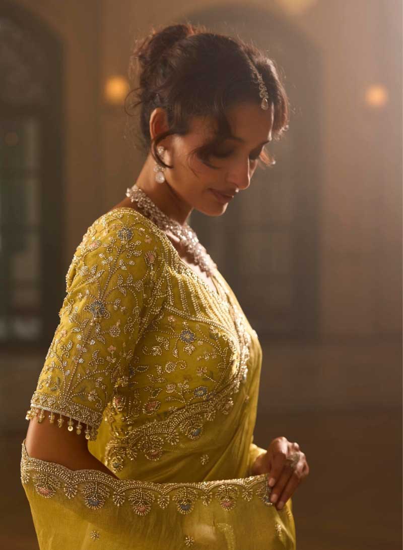 Mustard Yellow Designer Embroidered Saree for Guest - RENT