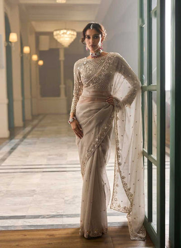 Off-white Designer Embroidered Saree for Bridesmaid - RENT