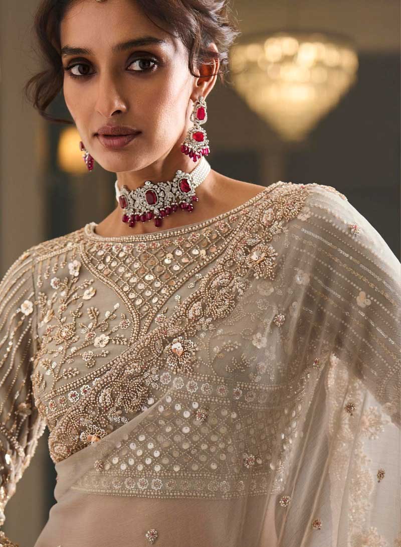 Off-white Designer Embroidered Saree for Bridesmaid - RENT