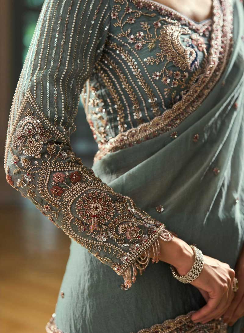 Sky Blue Designer Embroidered Saree for Partywear - RENT