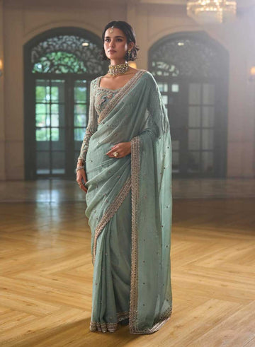 Sky Blue Designer Embroidered Saree for Partywear - RENT