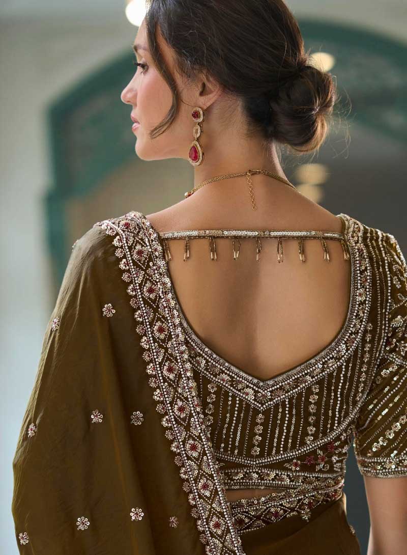 Chocolate Brown Designer Embroidered Saree for Partywear - RENT