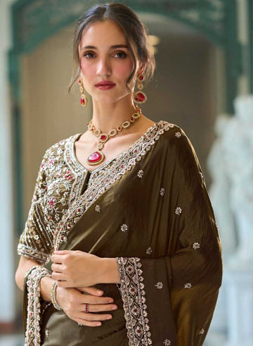 Chocolate Brown Designer Embroidered Saree for Partywear - RENT