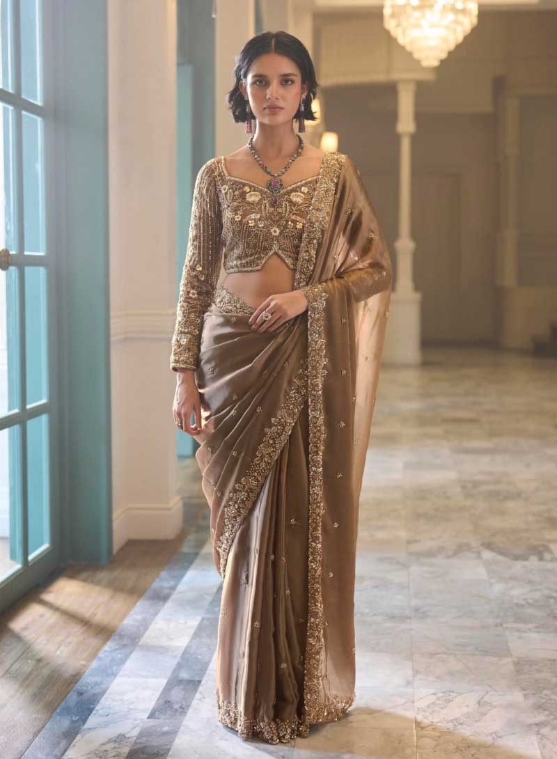 Light Brown Designer Embroidered Saree for Partywear - RENT