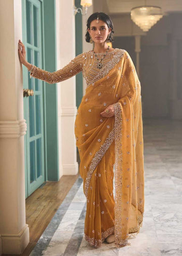 Mustard Yellow Designer Embroidered Saree for Partywear - RENT