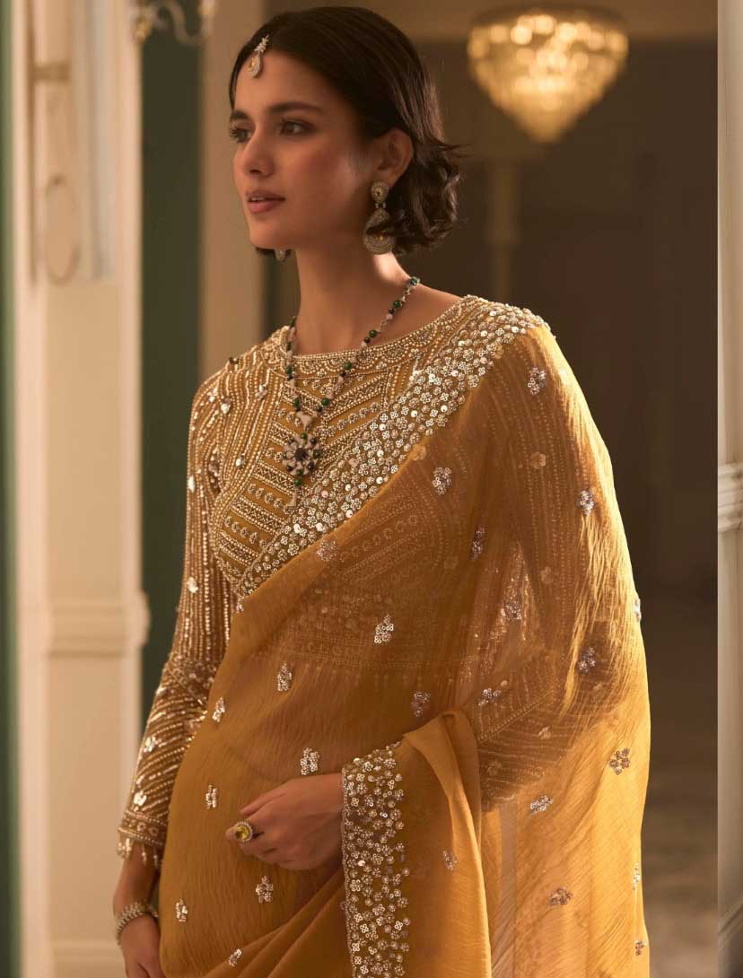 Mustard Yellow Designer Embroidered Saree for Partywear - RENT