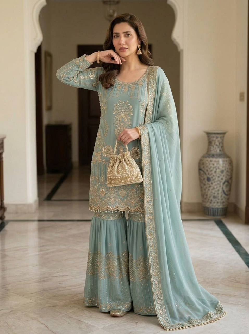 Aqua Blue Georgette Sequence Embroidery Sharara for Festive Wear - Rent