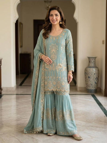 Aqua Blue Georgette Sequence Embroidery Sharara for Festive Wear - Rent