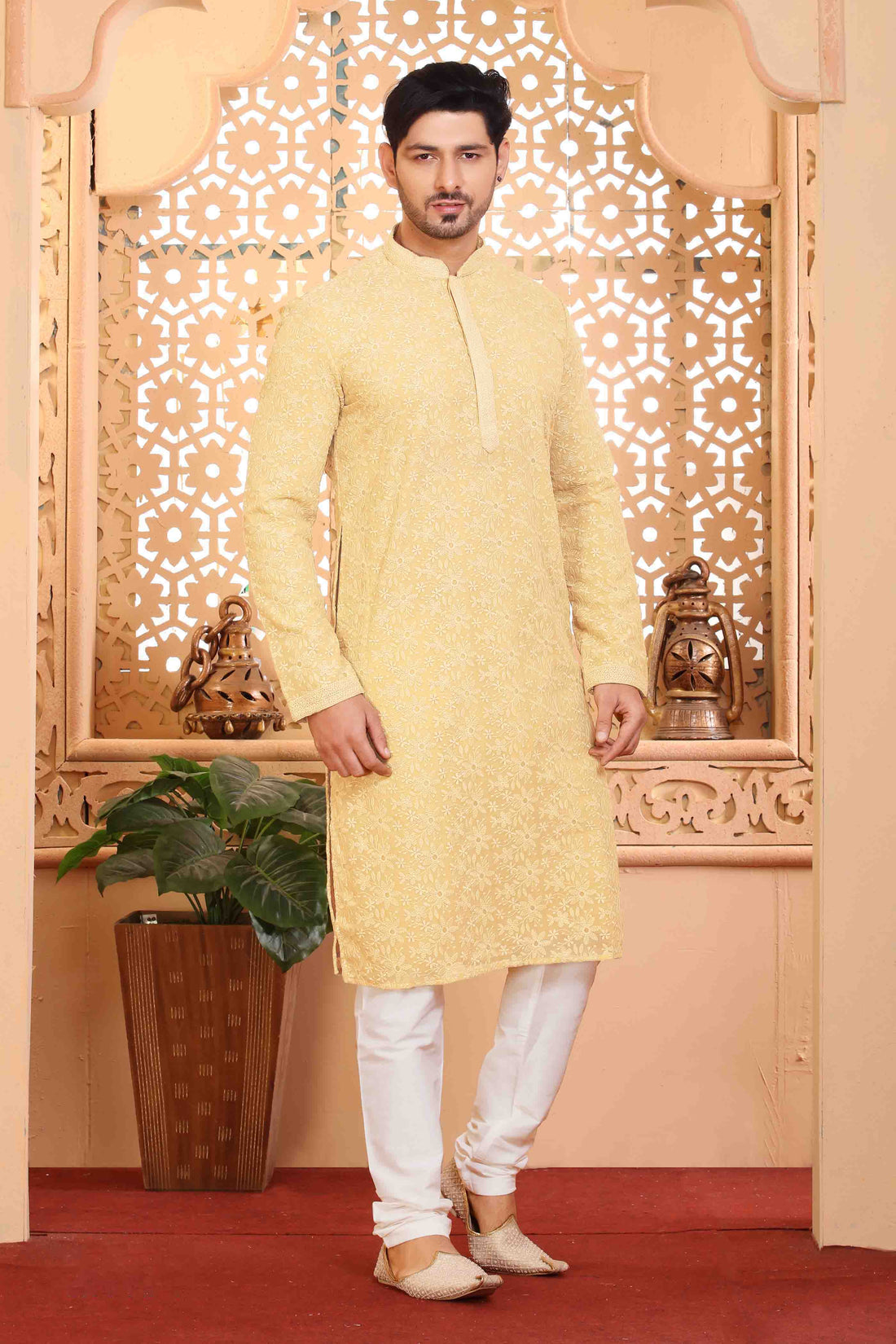 Light Yellow Embroidered Kurta Set for Haldi - RENT