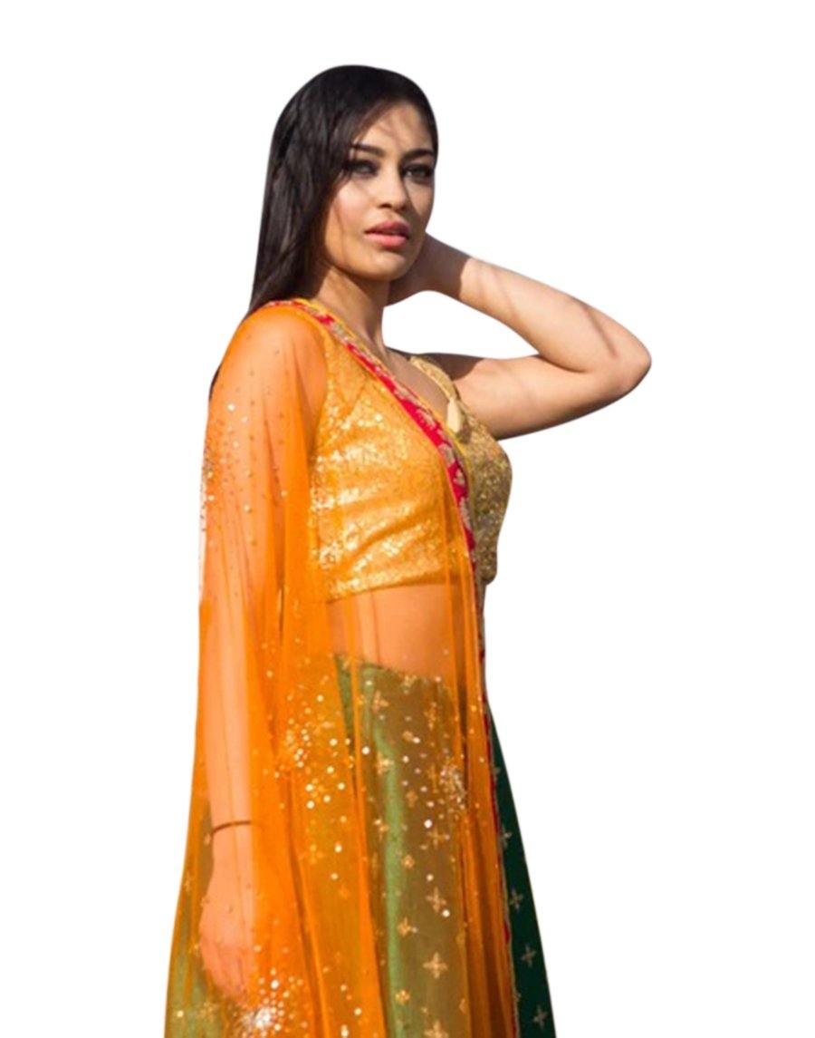 Rent Dark Green Lehenga - Green & Orange Color Lehenga Choli - GlamouRental-Women-Glamourental