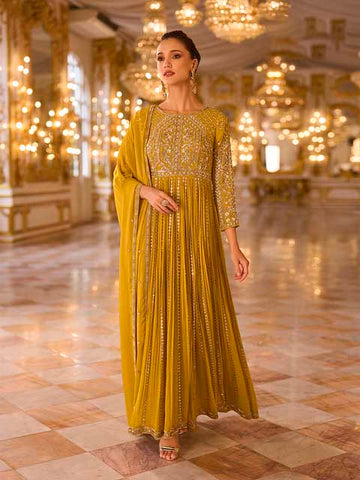 Mustard Gold Georgette Silk Anarkali Set for Bridesmaid - RENT