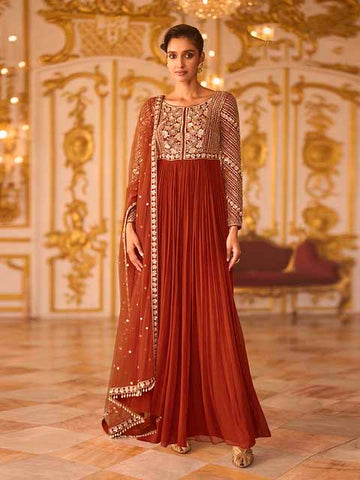 Rust Red Georgette Silk Anarkali Set for Bridesmaid - RENT