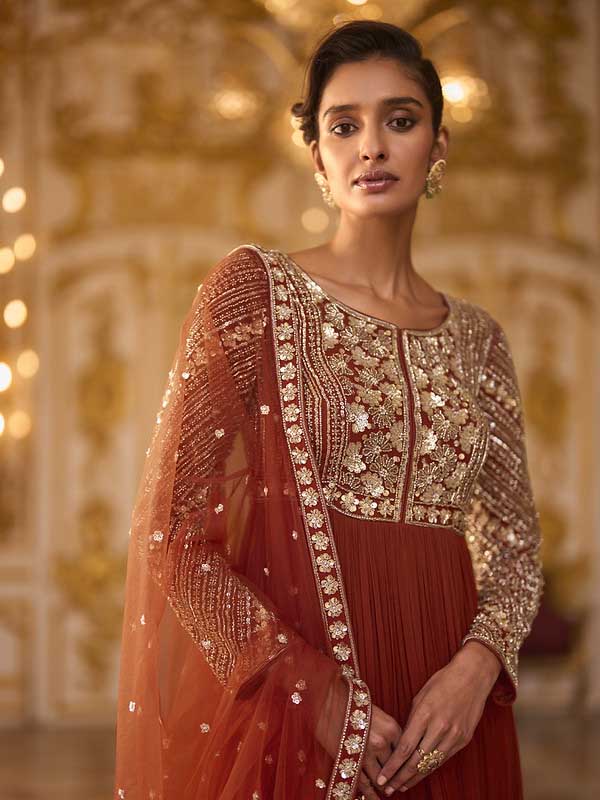 Rust Red Georgette Silk Anarkali Set for Bridesmaid - RENT