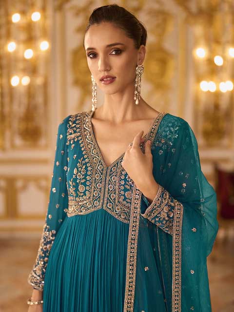 Jade Blue Georgette Silk Anarkali Set for Guest - RENT