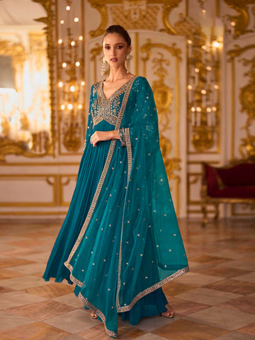 Jade Blue Georgette Silk Anarkali Set for Guest - RENT