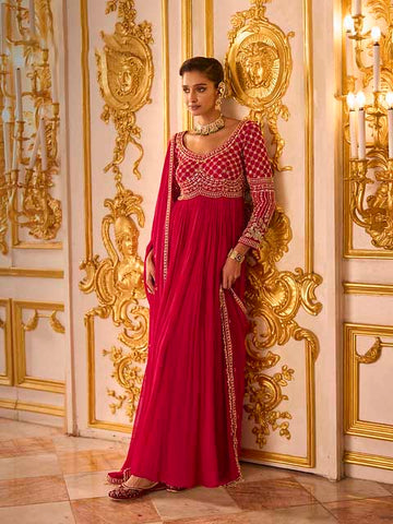 Majestic Pink Georgette Silk Anarkali Set for Guest - RENT
