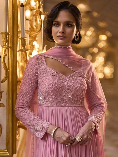 Rose Pink Georgette Silk Anarkali Set for Guest - RENT