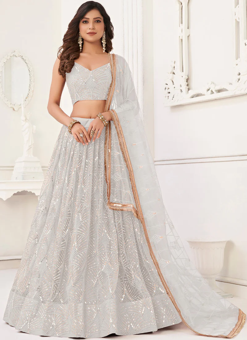 Light Green  Foil Mirror White Georgette  Lehenga - Rent