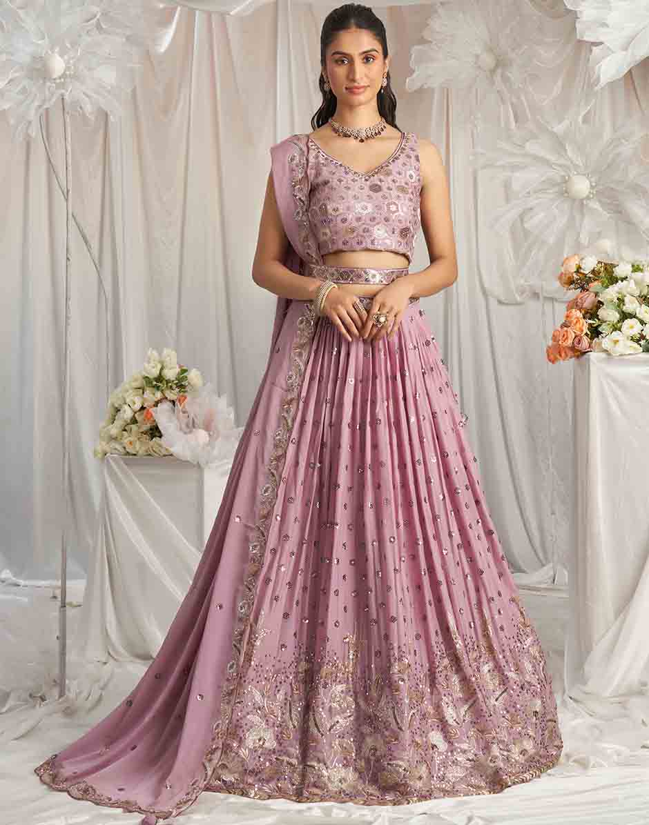 Lavender Georgette Sequin Embroidery Semi-Stitched Lehenga Choli & Dupatta
