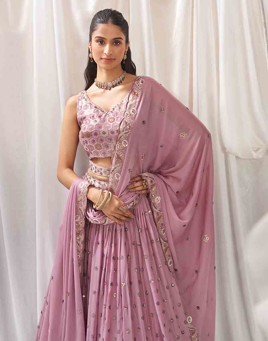 Lavender Georgette Sequin Embroidery Semi-Stitched Lehenga Choli & Dupatta