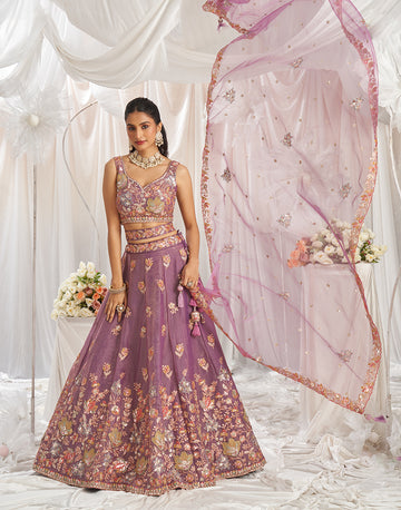 Lavender Organza Sequins Embroidery Semi-Stitched Lehenga Choli & Dupatta