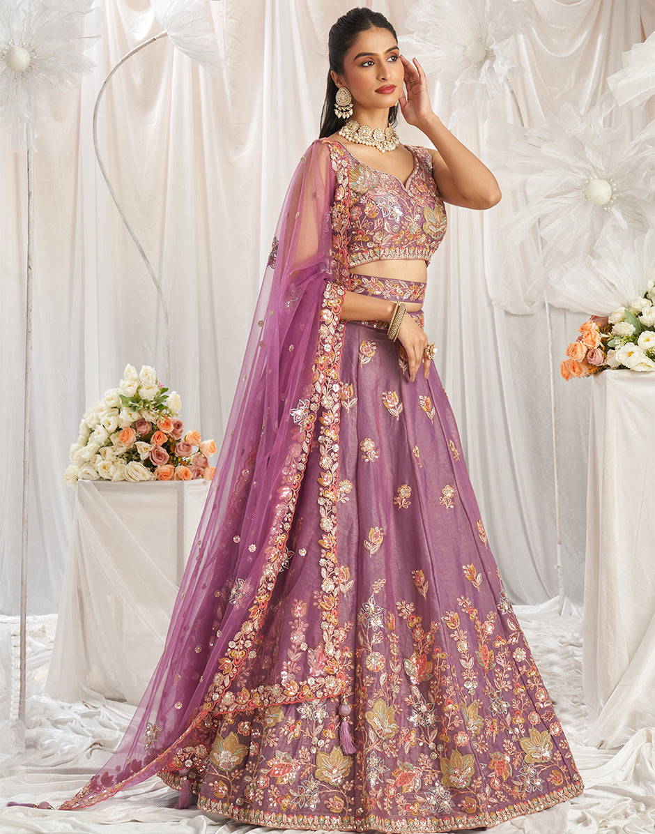 Lavender Organza Sequins Embroidery Lehenga Choli Dupatta