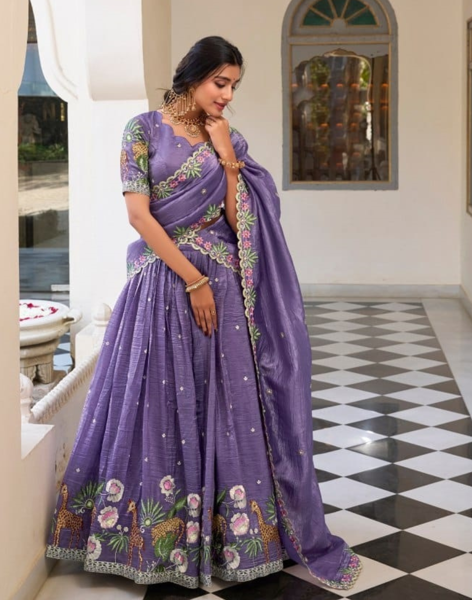 Lavender Sequins Thread Embroidered Lehenga Blouse with Dupatta Elegant Bridal Wear