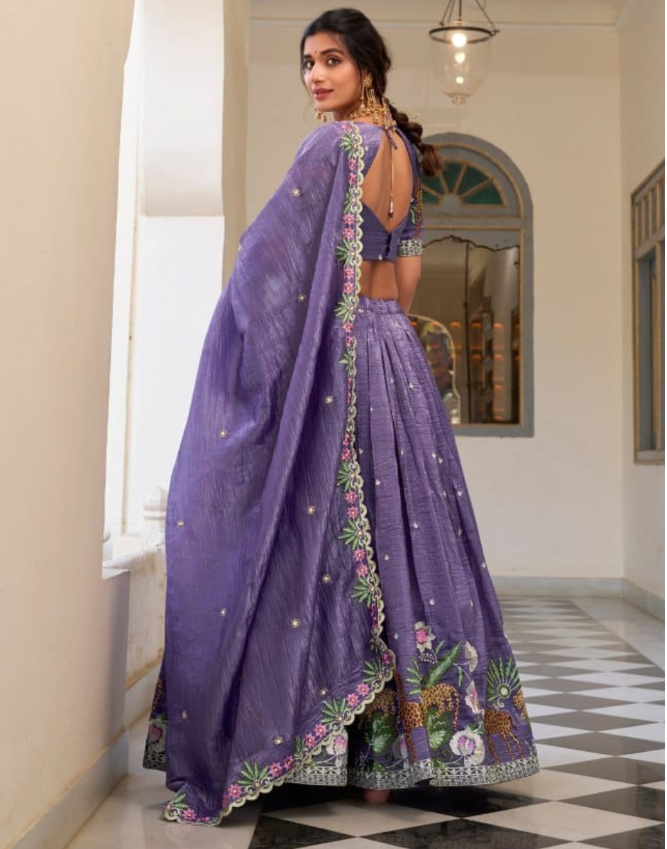 Lavender Sequins Thread Embroidered Lehenga Blouse with Dupatta Elegant Bridal Wear