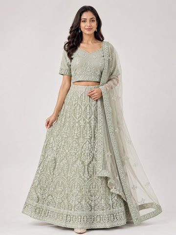 Green Net Embroidered Lehenga for Mehendi - RENT