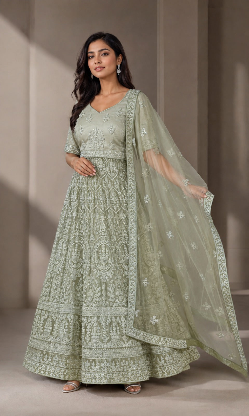 Green Net Embroidered Lehenga for Mehendi - RENT