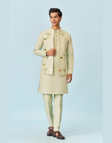 Light Green Floral Hand Painted Jacket Set for Men Fresh, Artistic Style for the Fashion Forward