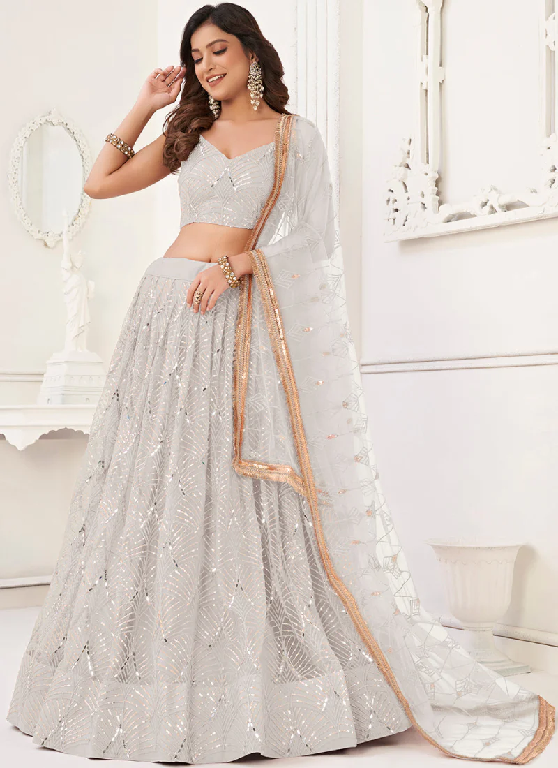 Light Green Foil Mirror White Georgette  Lehenga - Rent