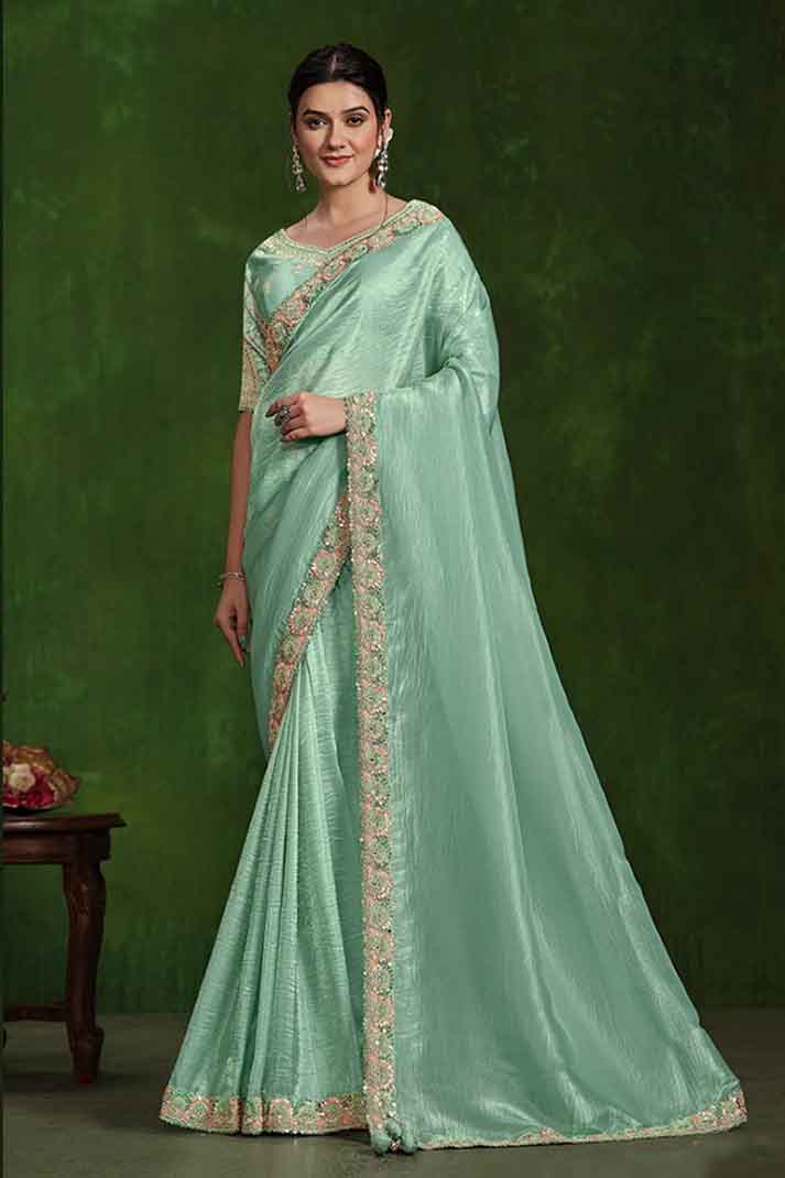 Light Green Paper Crepe Silk Sequins with Mirror Work Designer Saree