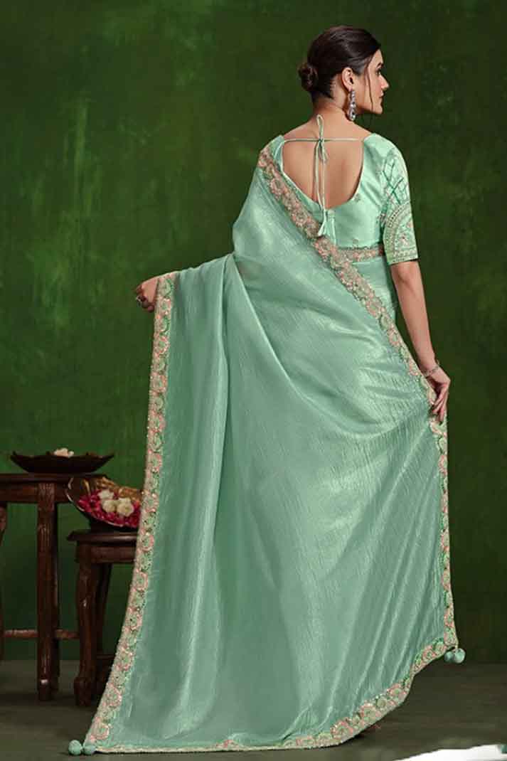 Light Green Paper Crepe Silk Sequins with Mirror Work Designer Saree